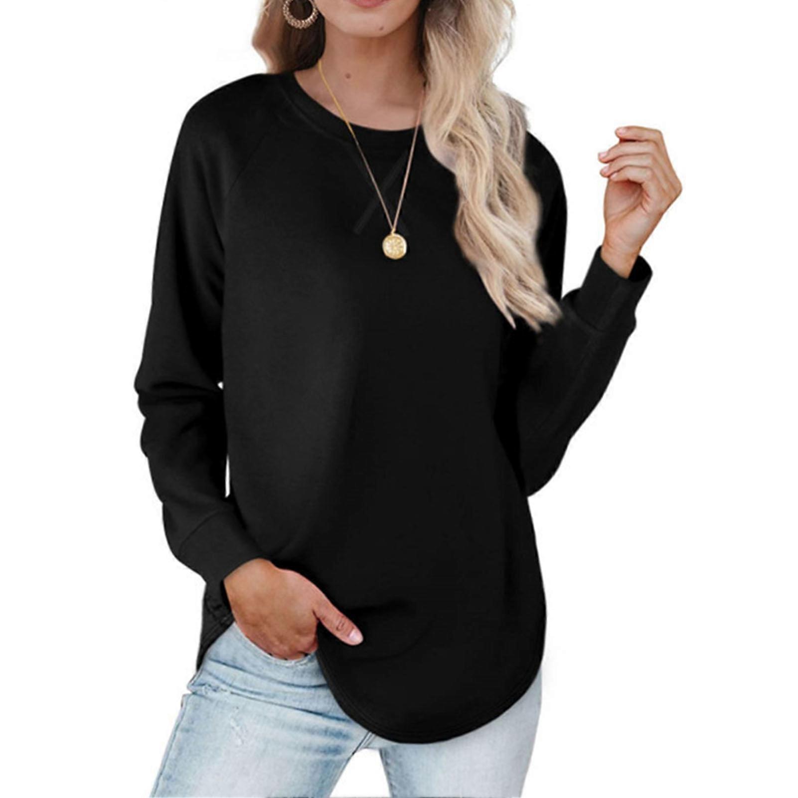 Basic Top Plain Round Neck Long Sleeve Curved Hem Loose Simple Comfortable Pullover