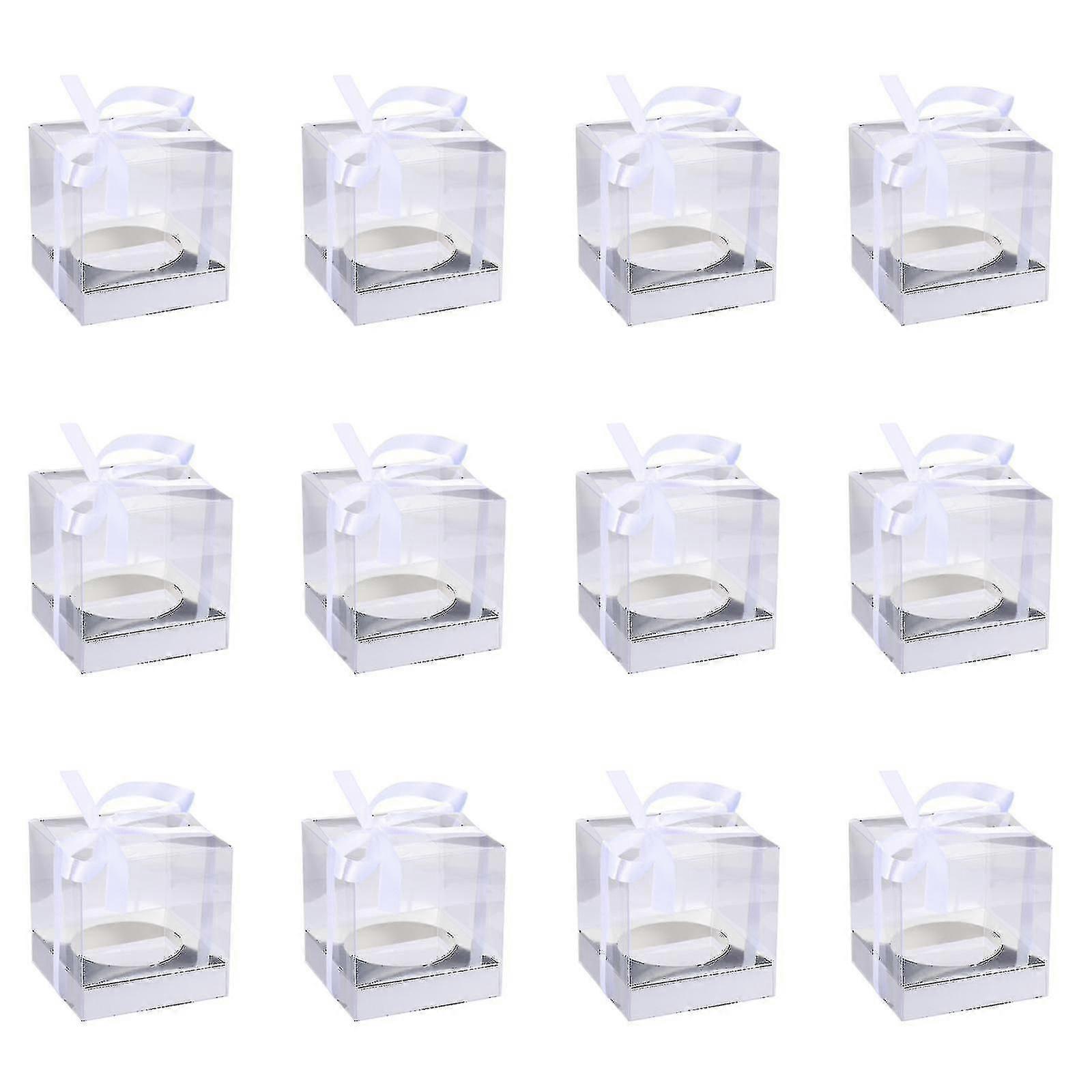 12pcs Transparent Cake Boxes Pvc Cake Packaging Boxes Organizers With Ribbon( Color : Silver )