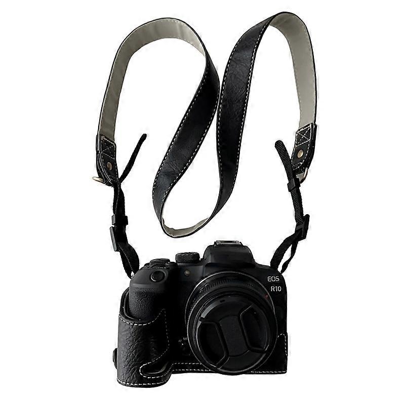 För Canon EOS R10 Buffalo Texture PU läder bottenfodral halvkropp kameraskydd med axelrem 