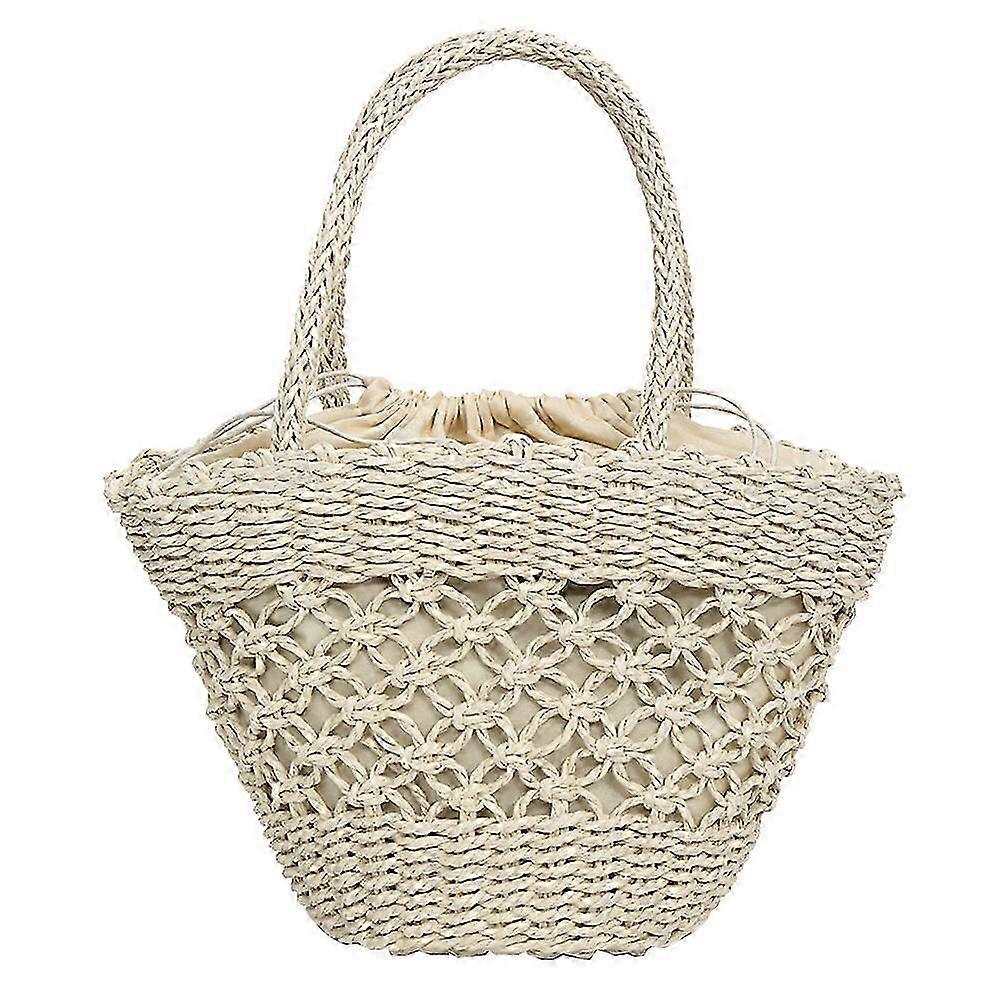 女性のわら織りハンドバッグカジュアルビーチショルダーバッグ-ホワイト