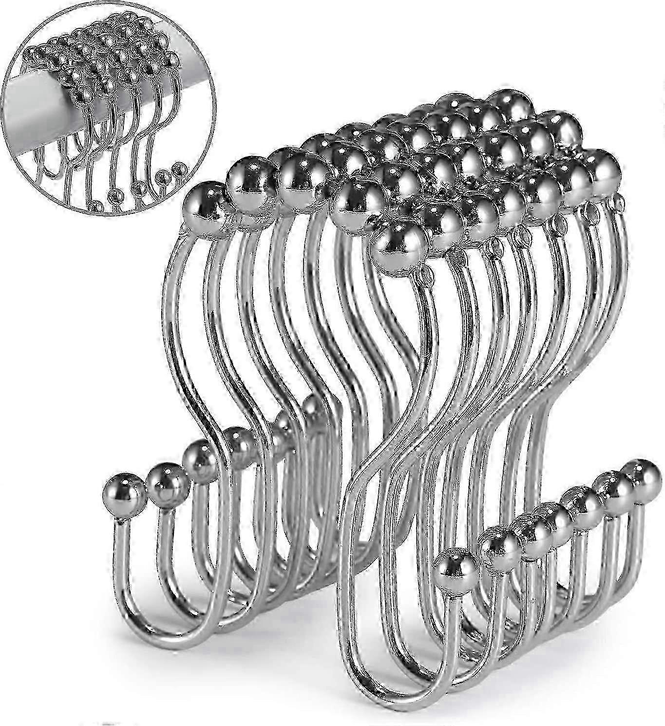 12 Rust-proof Stainless Steel Shower Hooks with Anti-slip Rollers