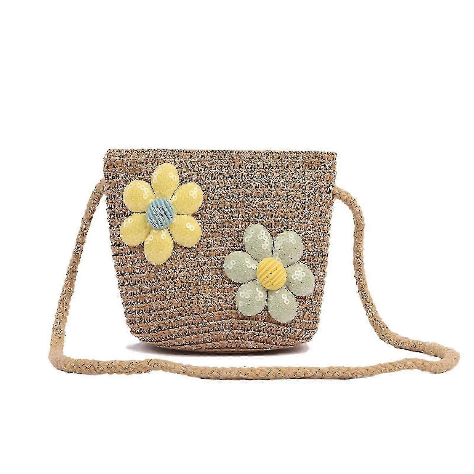 女の子のためのミニストローショルダーバッグ、かわいい花柄の編みこみクロスボディバッグ、休日の屋外ブラウンバッグ