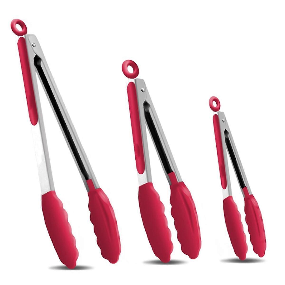 3-Piece Premium Stainless Steel Locking Kitchen Tongs with Silicon Tips, Set of 3-7inch, 9inch and 12inch Red