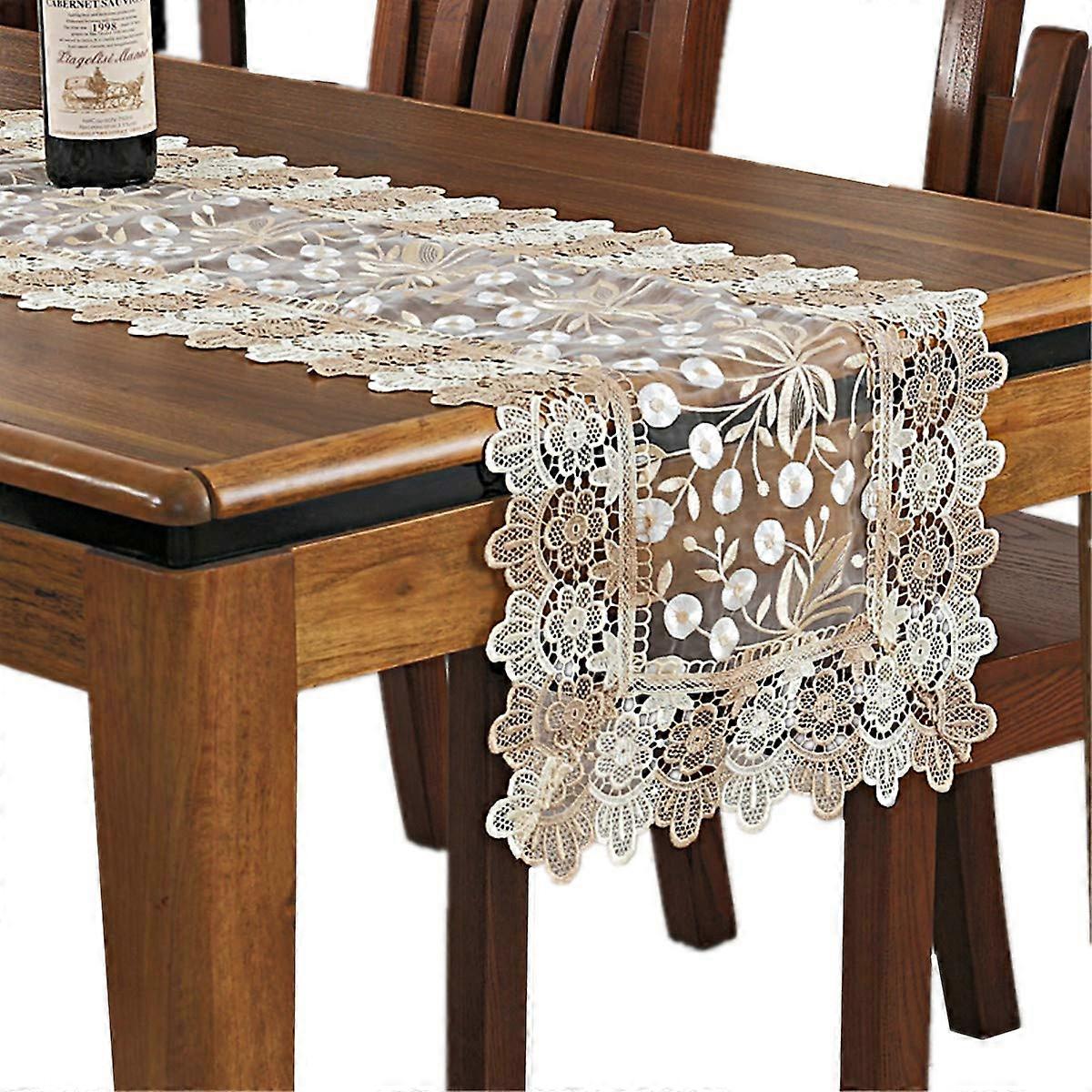 Lace Floral Embroidery Table Runner, Polyester Rectangle for Dining Table, 40x90 cm, Beige