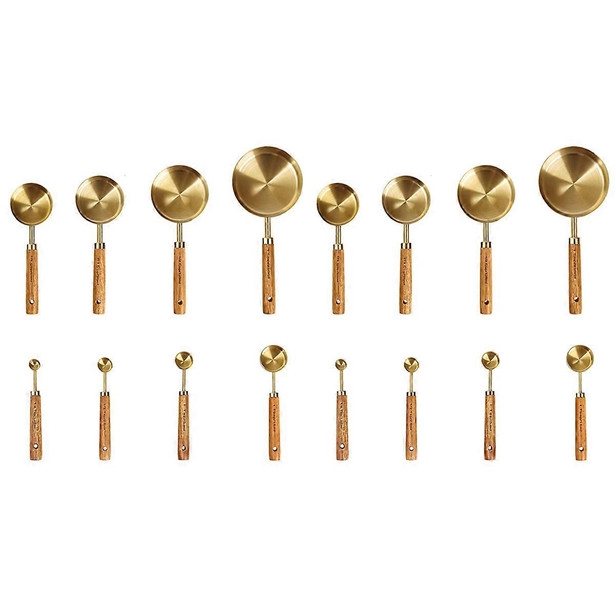 Measuring Cups and Spoons Set of 16, Wood Handle with Metric and US Measurements,Stainless Steel, fo