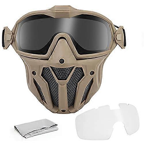 Military Paintball Mask with Removable Anti-Fog Glasses, Tactical Full Face Design for Airsoft and Hunting, Khaki Color