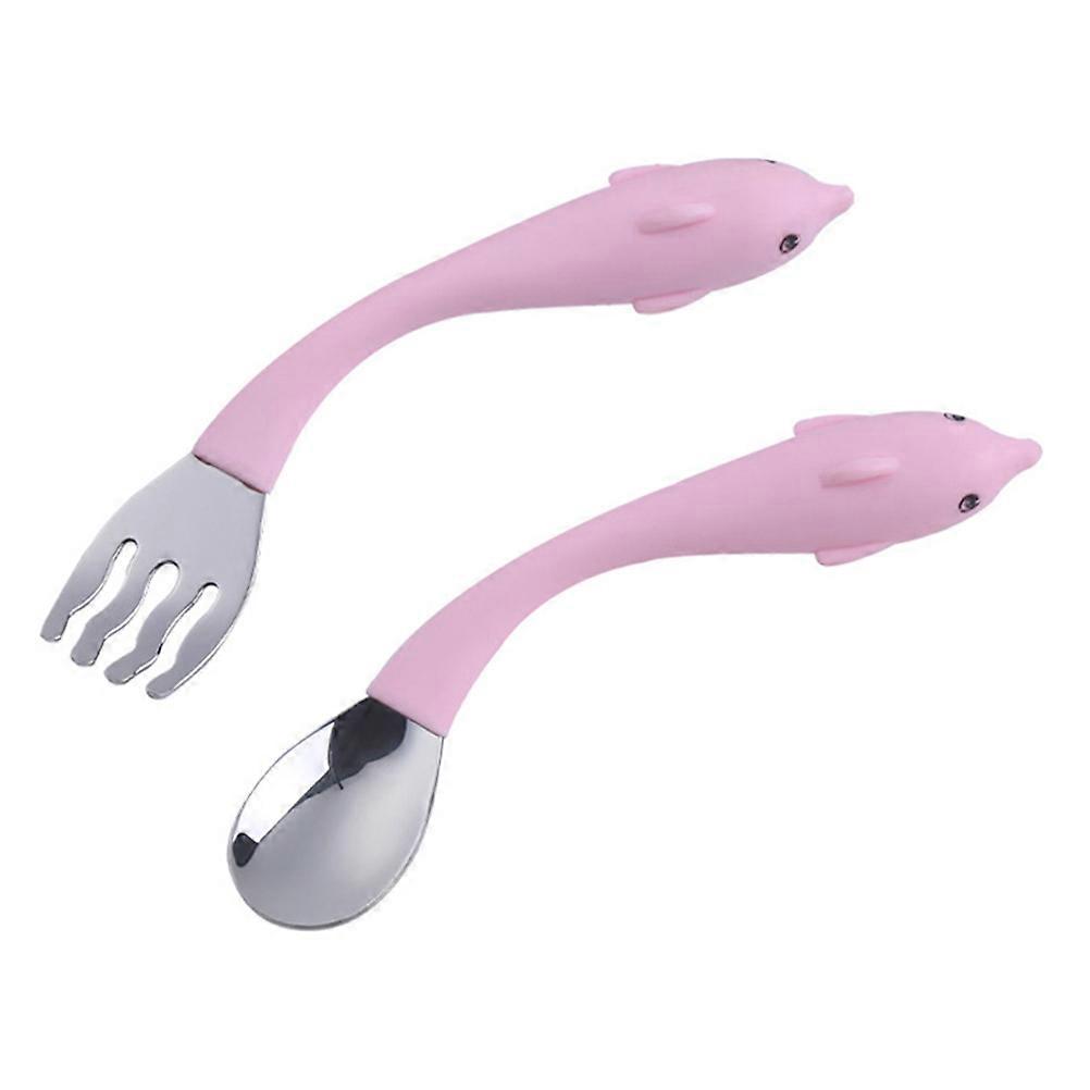 1 Set 2pcs Kids Toddler Training Tableware Stainless Steel Spoon Fork Set
