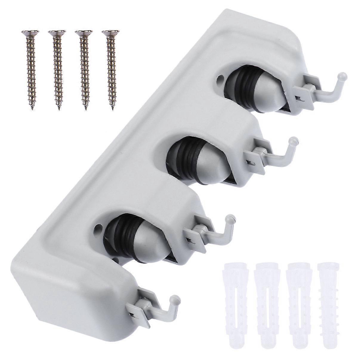 Wall-Mounted Mop Hook Bathroom Mop Storage Rack Simple Design Rectangular Shape Grey 3 Slots 1Pcs