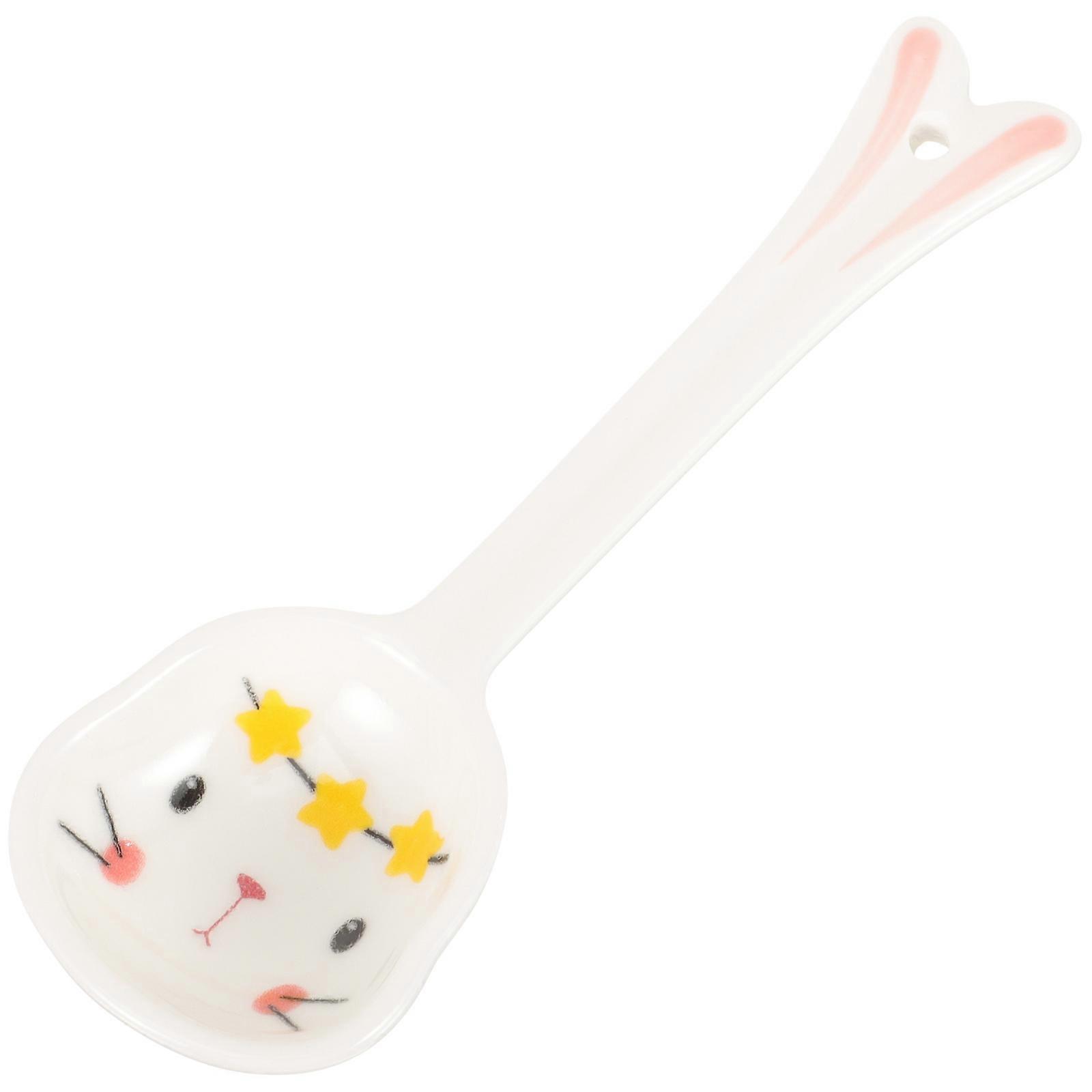 Hand Painted Ceramic Spoon with Bunny Pattern Unique Decorative Kitchen Utensil with Curved Handle for Easy Holding Ideal for Animal Lovers