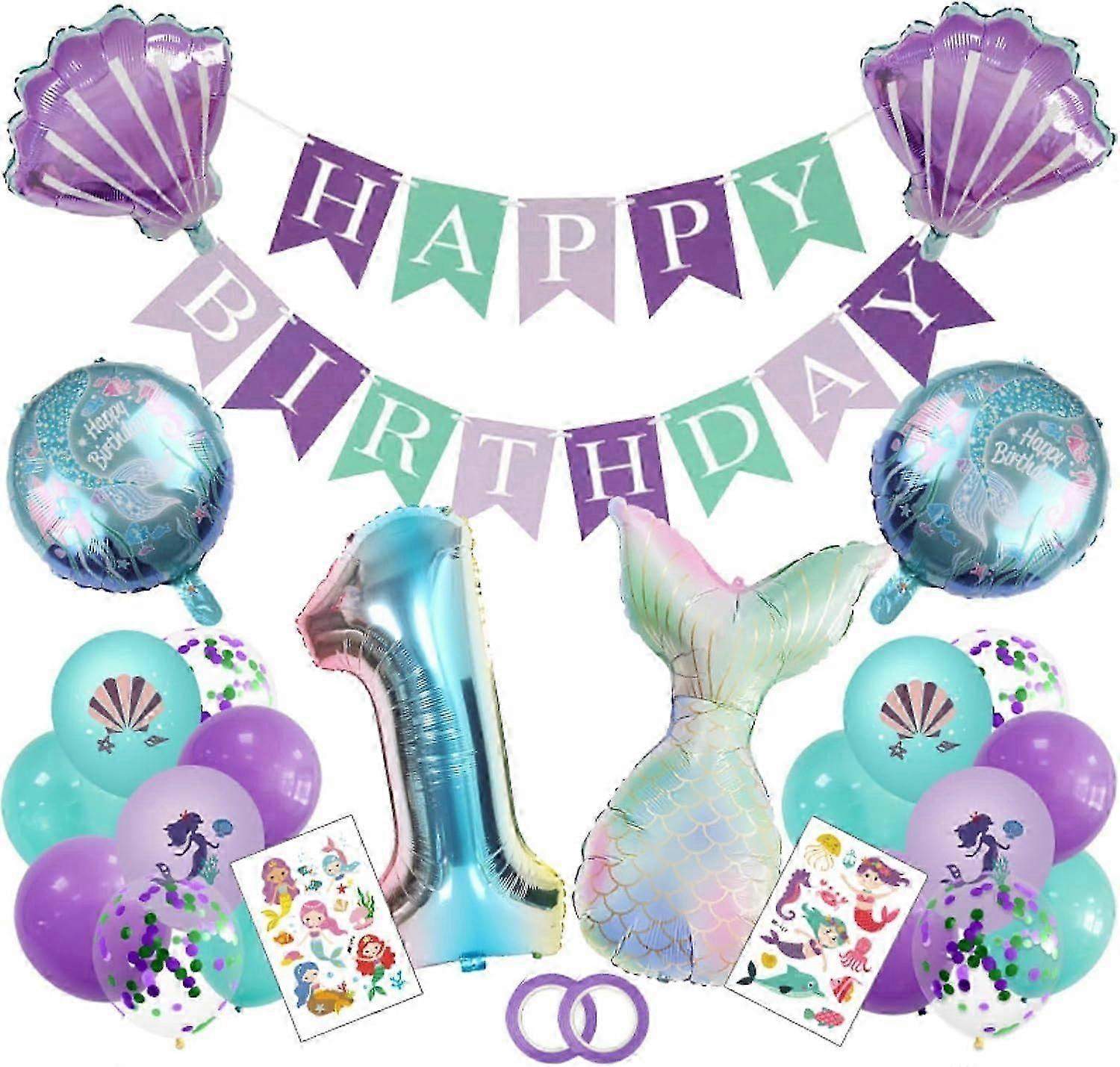 マーメイドテーマパーティー用品キット、バースデーパーティーデコレーション、ハッピーバースデーバナー、フォイルバルーン、マーメイドテールバルーン、ナンバーバルーン、スティが含まれています