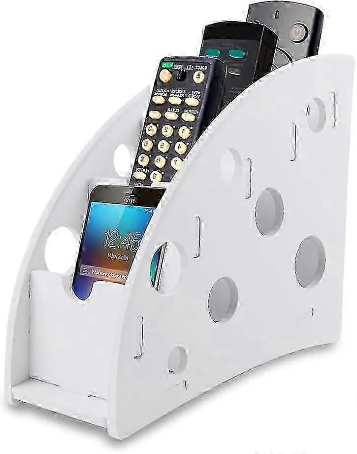 4 Compartment Remote Control Organizer in White Composite Wood - Stylish Storage Solution for Living Room Clutter