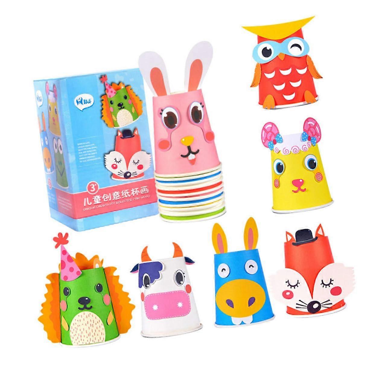 Creative Paper Cup Art Set includes 12 cups, 9 cardboard sheets, tape, reference card. DIY for toddlers.