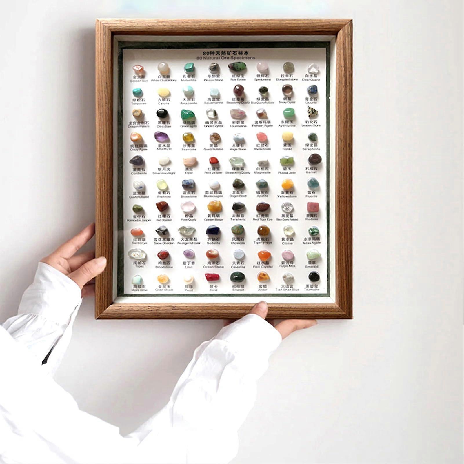 80 Crystal Collections, Educational Rock Mineral Specimens, Mineral Identification Kit, Dustproof Wooden Frame Agate, Child Experiment Set