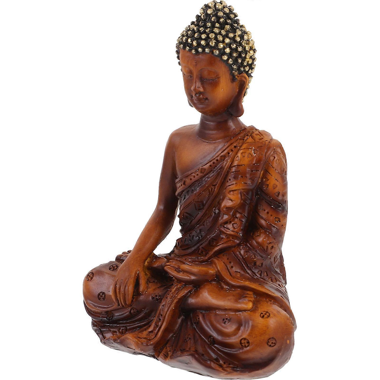 Brown Resin Zen Buddha Statue for Home Decor Unique Desktop Figurine Compact Size 6.5 Inches
