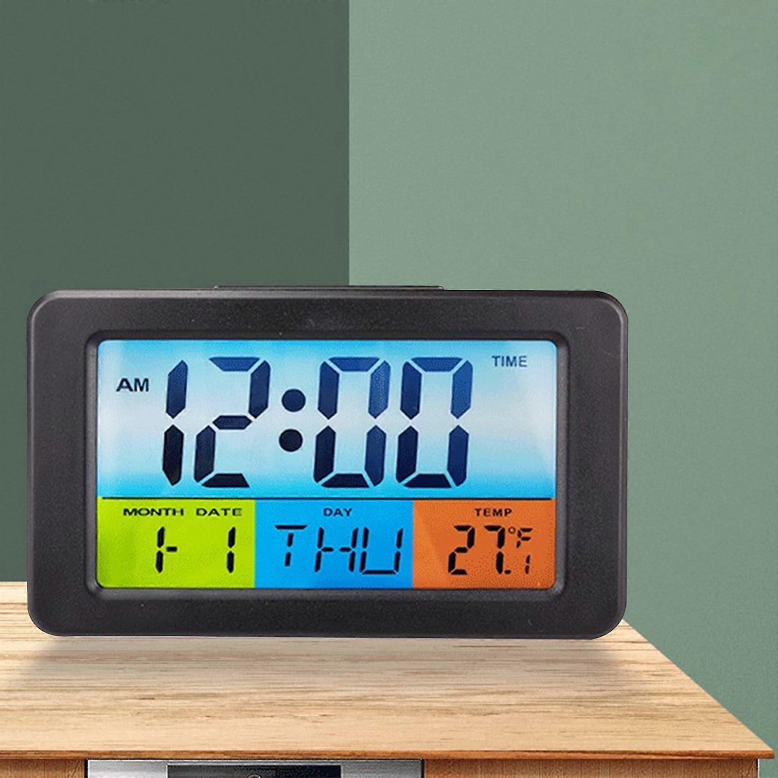 Jacenvly Black Tech Digital Alarm Clock with Colorful LCD, Temp Monitor, Snooze, Calendar - Compatible with Smart Devices