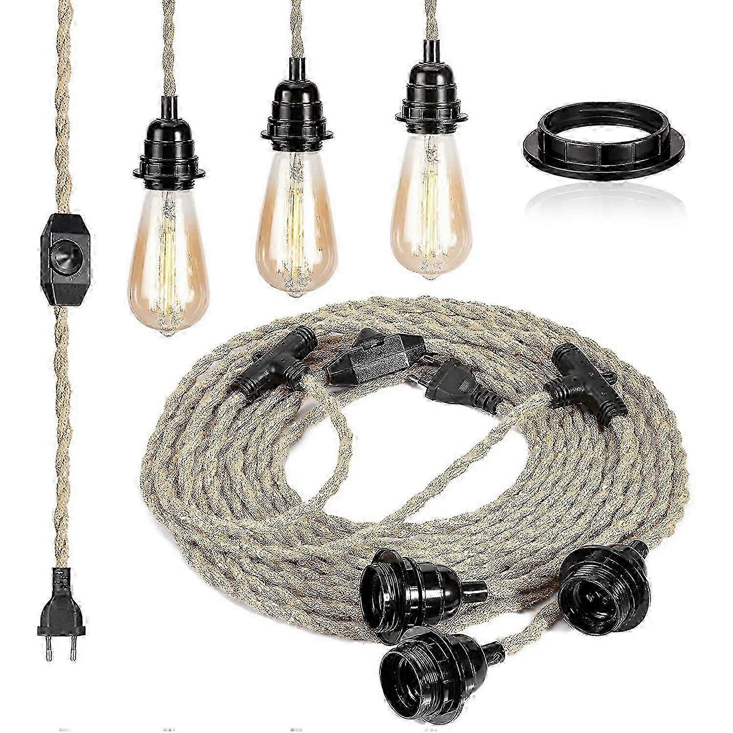 E27 2 Core Linen Electrical Cable Twisted Electrical Cable For Light Fixtures With Adjustable Switch And 6.8m Lamp Socket (three Lamp Sockets)