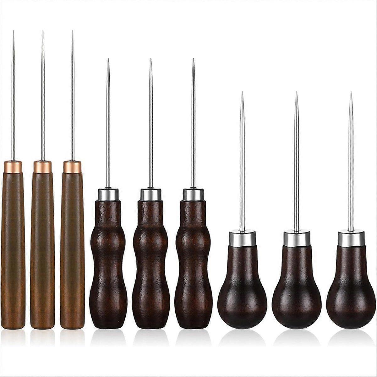 9 PCS Sewing Awl Set Gourd Shape Wooden Handle Scratch Awl Tool DIY Handmade Pin Punching-Needles K