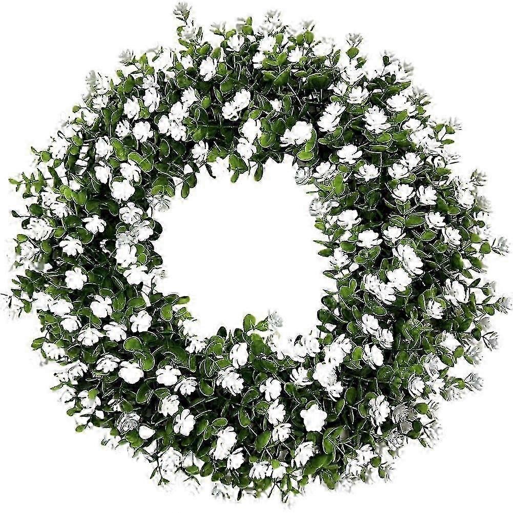 Greenery Wreath For Front Door,17" Artificial Green Hanging Garland For Spring
