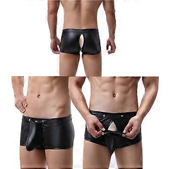 Mens Wetlook Latex Leather Boxer Shorts Front Open Hole Briefs Panties Underwear