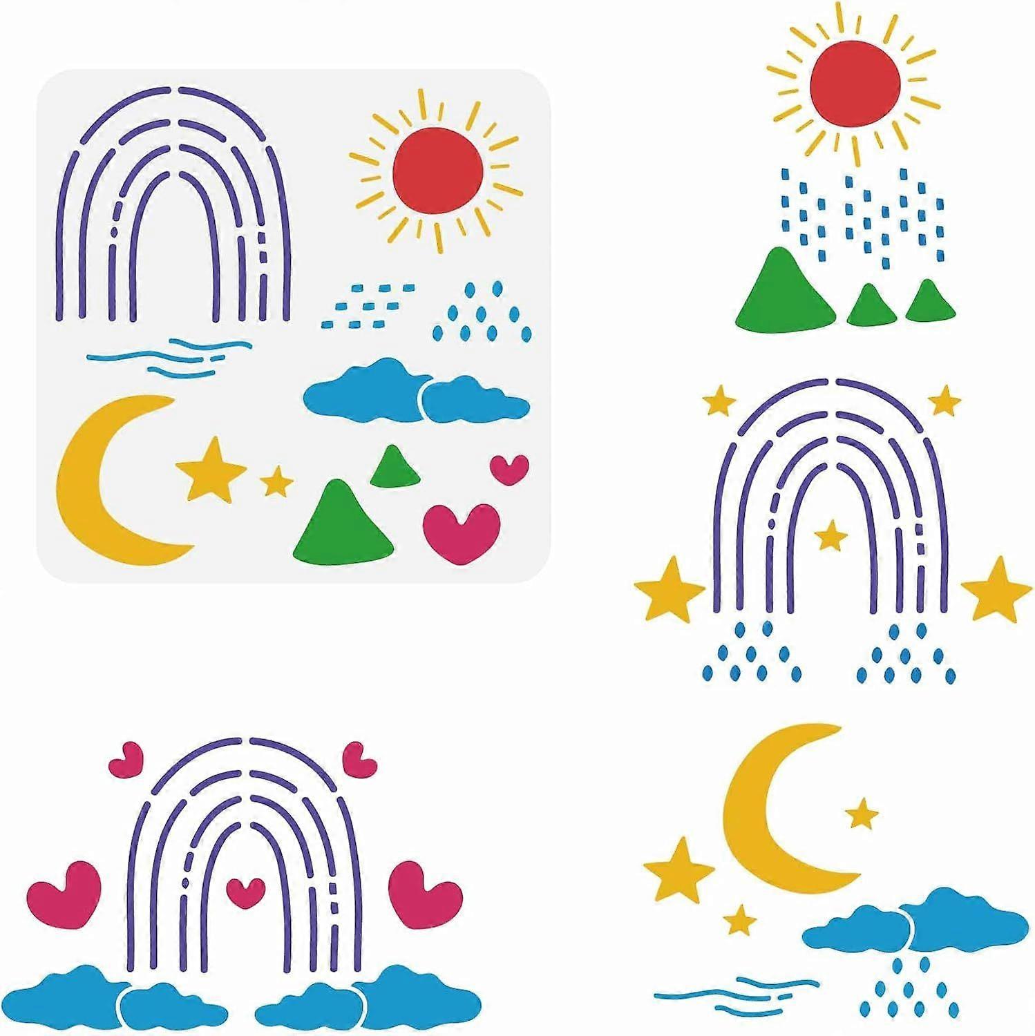 Boho Sun Moon Painting Stencil 11.8x11.8inch Geometric Lines Drawing Template Hollow Out Star Clouds Craft Stencil Boho Rainbow Plastic Stencil for Pa