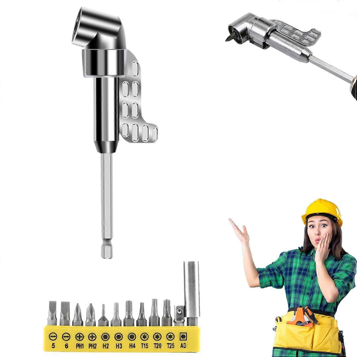 105 Degree Right Angle Drill Adapter with 12 Bits, Flexible Bend and 360° Rotatable Socket Set