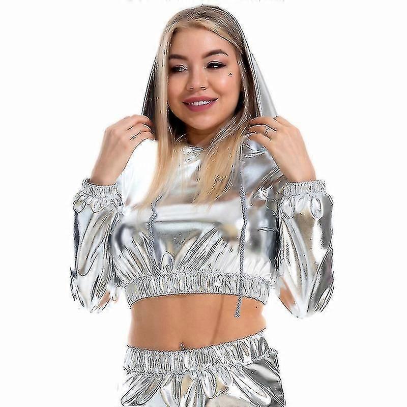 Helles Leder Sexy Nabelschnur Leck Langarm Kapuzenpullover Kurzer Pullover