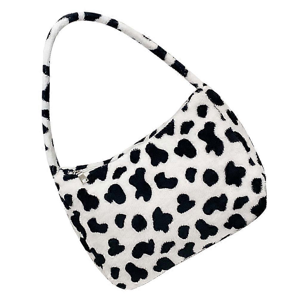 Milk Cow Pattern Plush Shoulder Bag for Storage Use with Zipper Closure