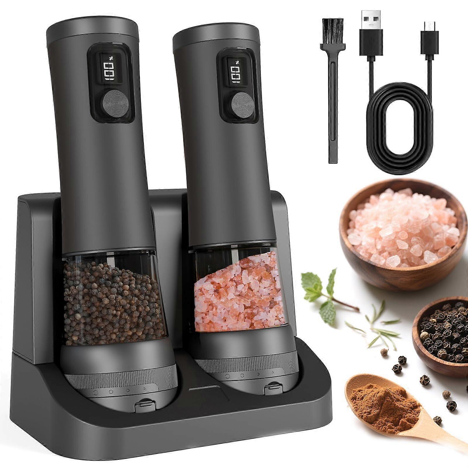 Electric Salt and Pepper Grinder Set Rechargeable with Adjustable Coarseness LED Light for Kitchen BBQ