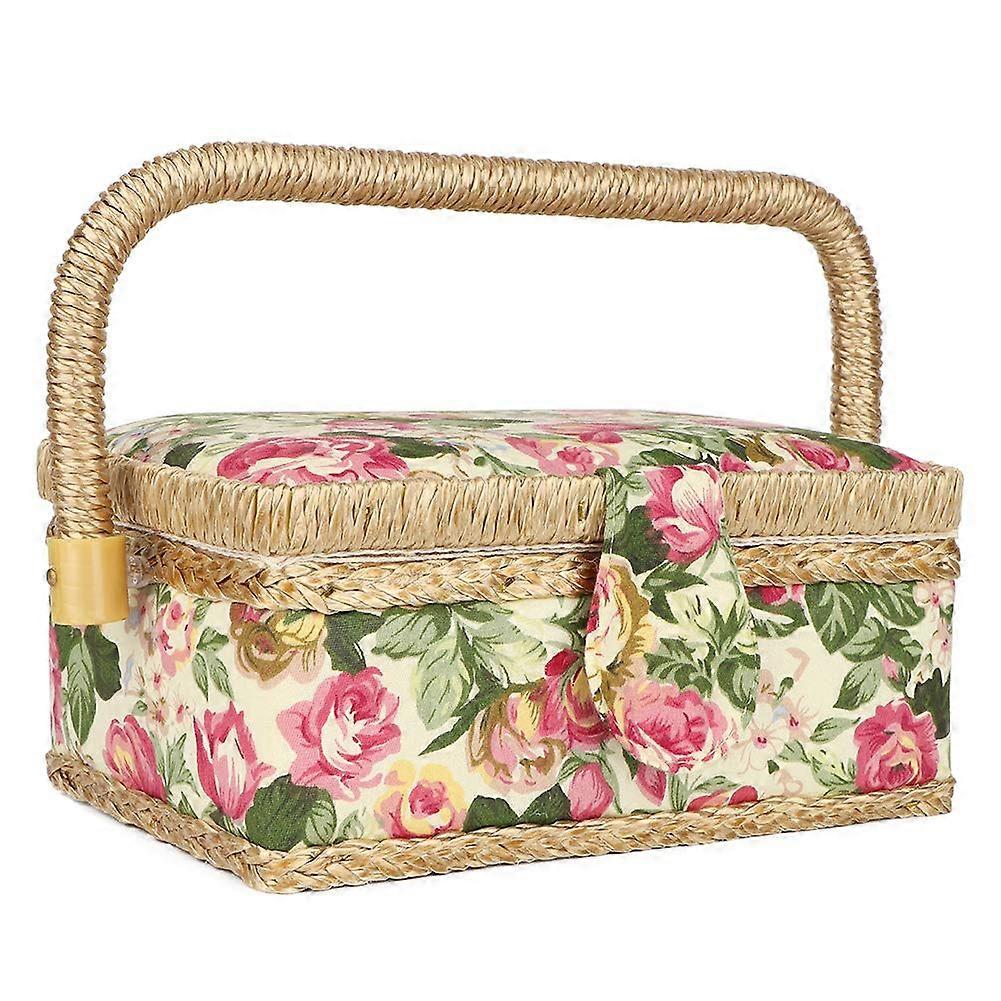 Sewing Basket Pastoral Rose Large Capacity Organizer for Threads and Scissors with Comfortable Handle