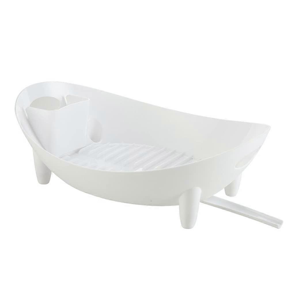 Oval Dish Drying Rack with Utensil Holder, Compact Kitchen Dish Drainer, Durable White Basket