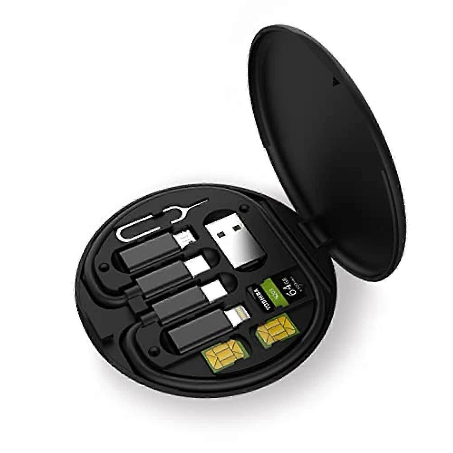 Multifunctional Data Cable Storage Box Adaptor for Lightning USB-C and Micro-USB Devices Universal Data Transfer Cable (Black)