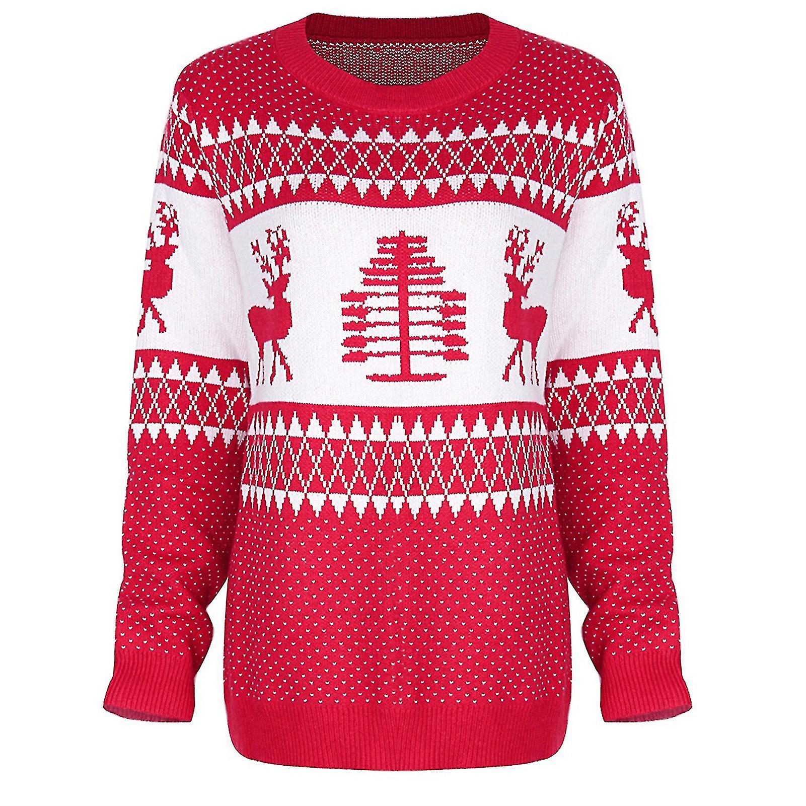 Weihnachtspullover Frau Weihnachtsbaum Hirsch Warmer Pullover Gestrickter O-Ausschnitt Pullover