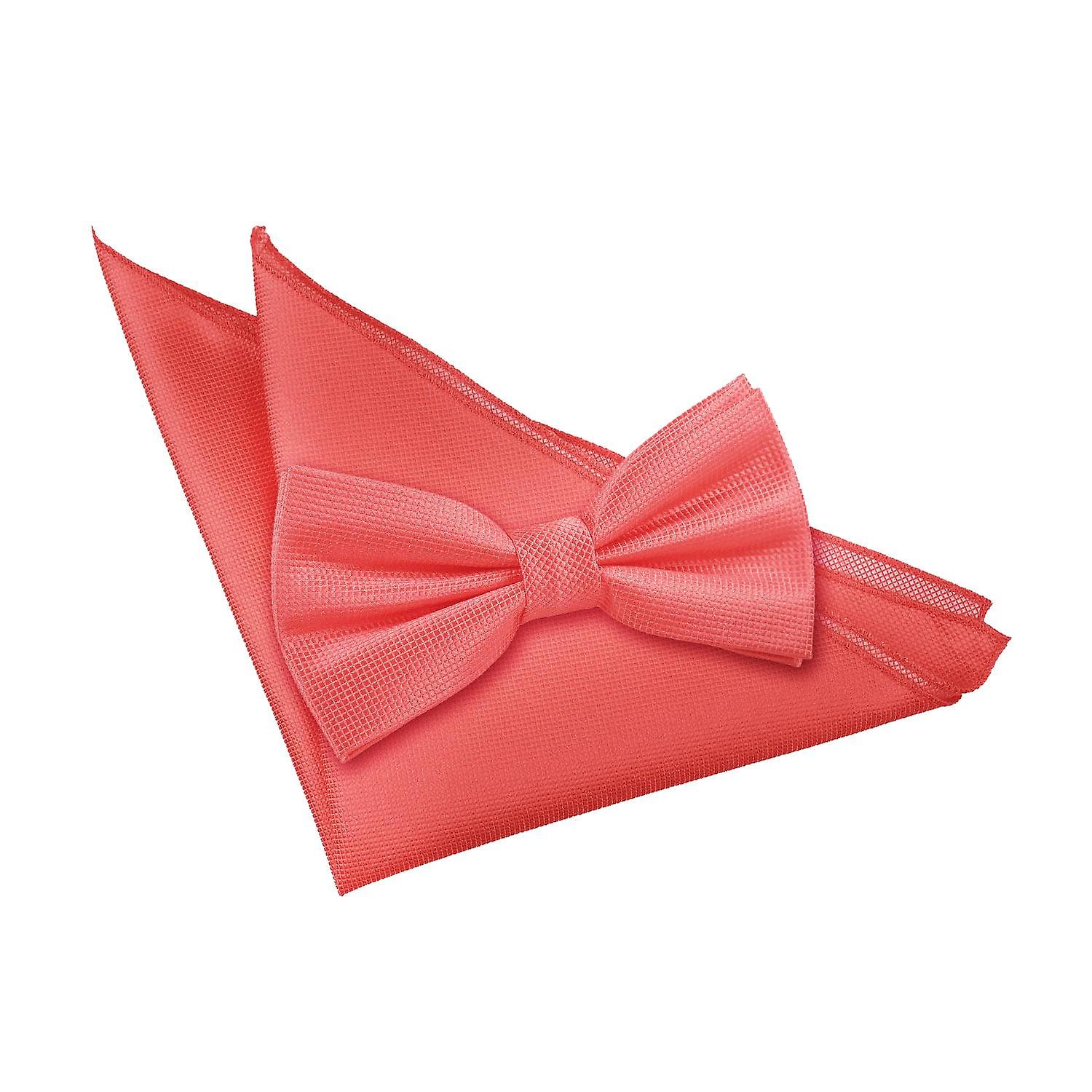 Coral Solid Check Bow Tie and Pocket Square Set
