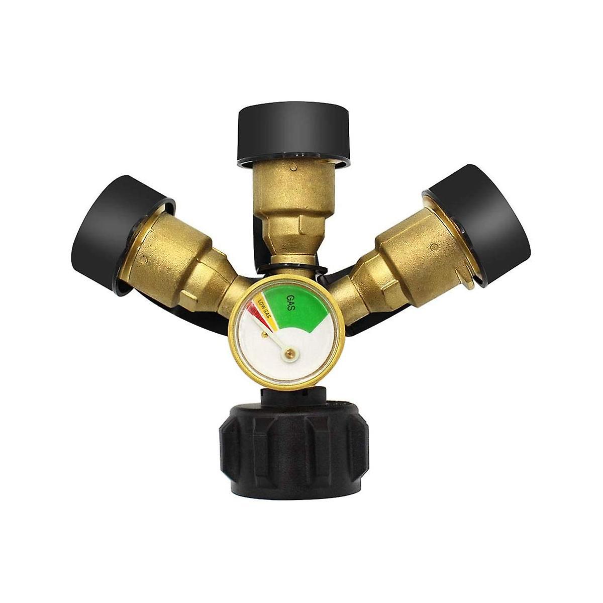 3 Way Propane Splitter with Gauge and Shut-Off Valve, 3 Y Propane Splitter, Propane LP Tank Tee Gau