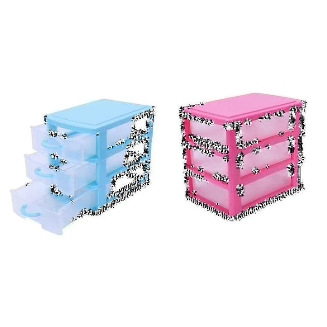 2 Pcs 3 Layers Mini Translucent Drawer Type Plastic Storage Box, Red & Blue