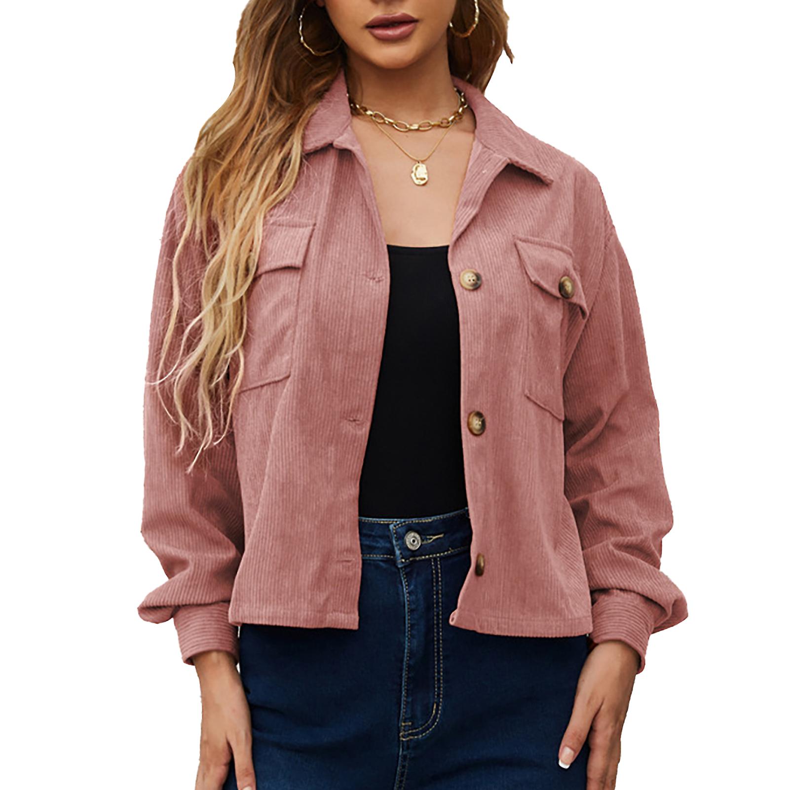 Women Short Jacket Pure Color Long Sleeve Turn Down Collar Loose Button Down Short Jacket with Pockets Lotus Root Color XXL