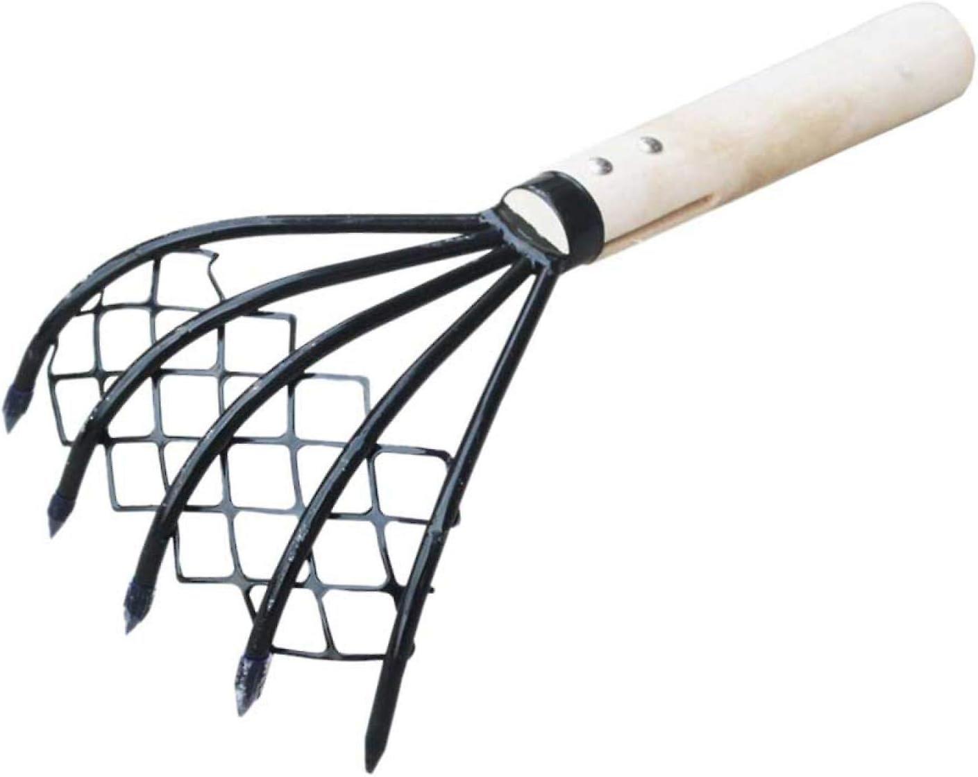 Clam Rake, Useful 5 Claw Beach Digging Fork Tool with Mesh Net, Clam Digging Seafood Accessories for Beach Garden(Black+Beige)