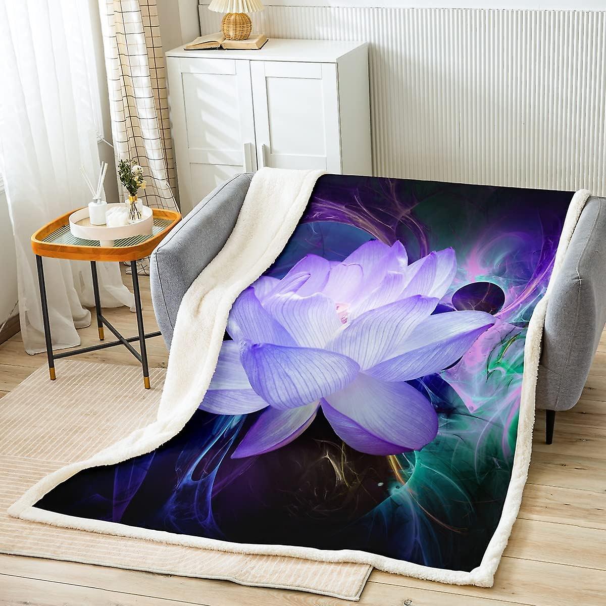 Lotus Sherpa Blanket Lotus Flower Fleece Blanket Floral Plush Blanket for Bed Sofa Botanical Branches Warm Fuzzy Blanket Nature Single