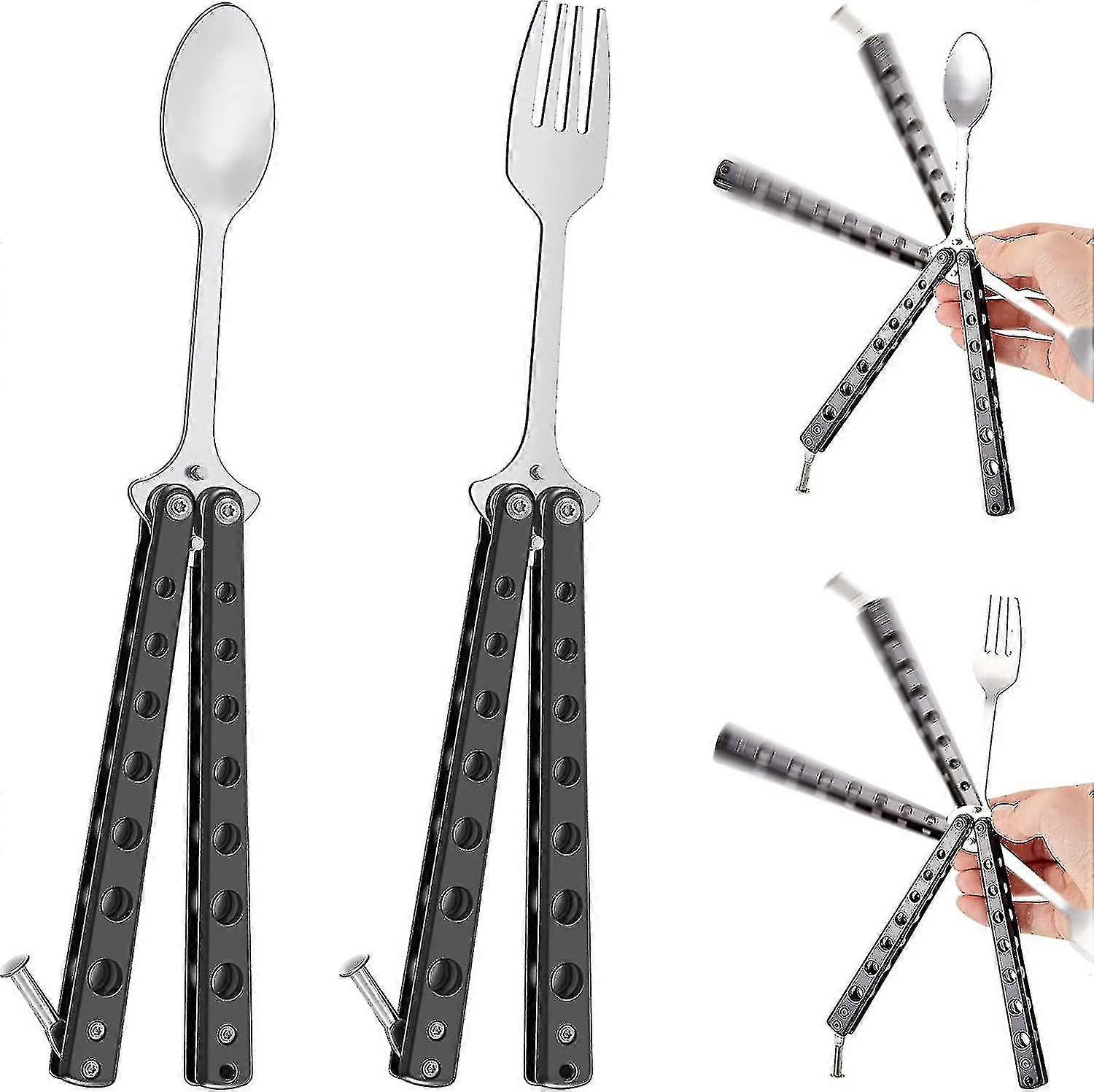 2 Pcs Butterfly Fork And Spoon Set, Tactical Butterfly Spoon Folding Stainless