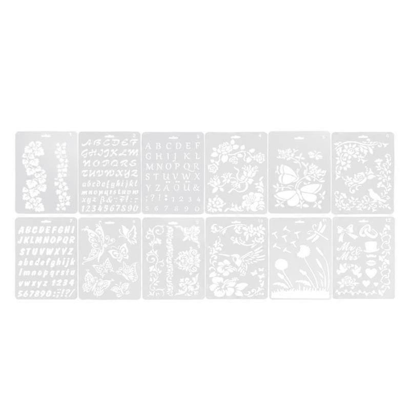12 pcs portable painting template drawing tools multi-pattern hollow out painting stencil diy craft projects drawing educational toys (white)