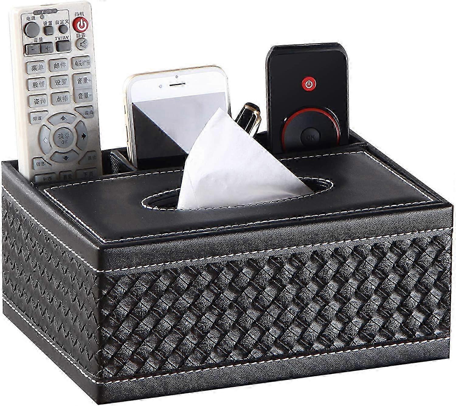 Tissue Box Cover Rectangular Leather Black Multifunctional Remote Control Stationery