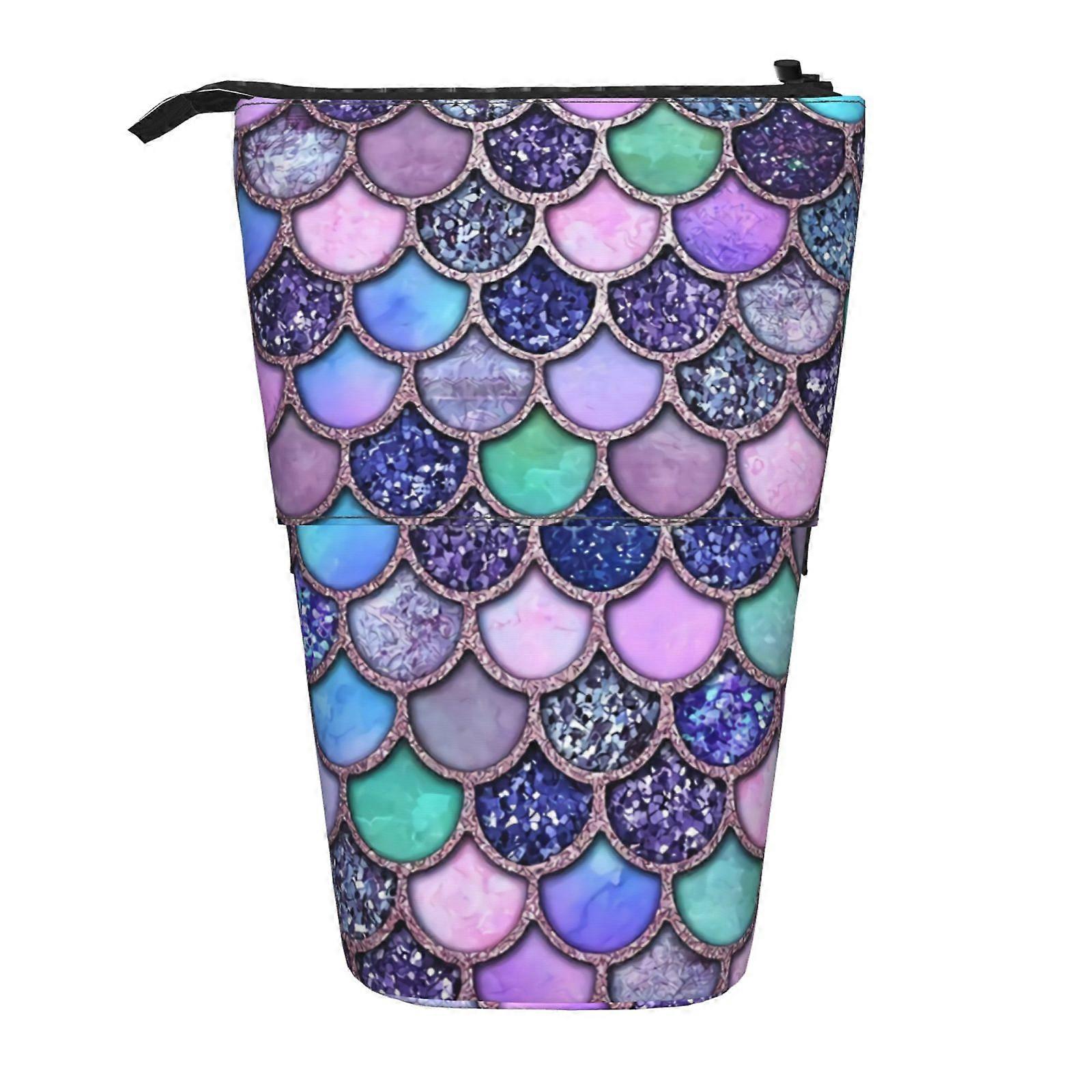 حورية البحر بريق المقاييس مقلمة الوقوف حقيبة قلم رصاص تلسكوبي مقلمة مع سحاب حقيبة ماكياج محمولة