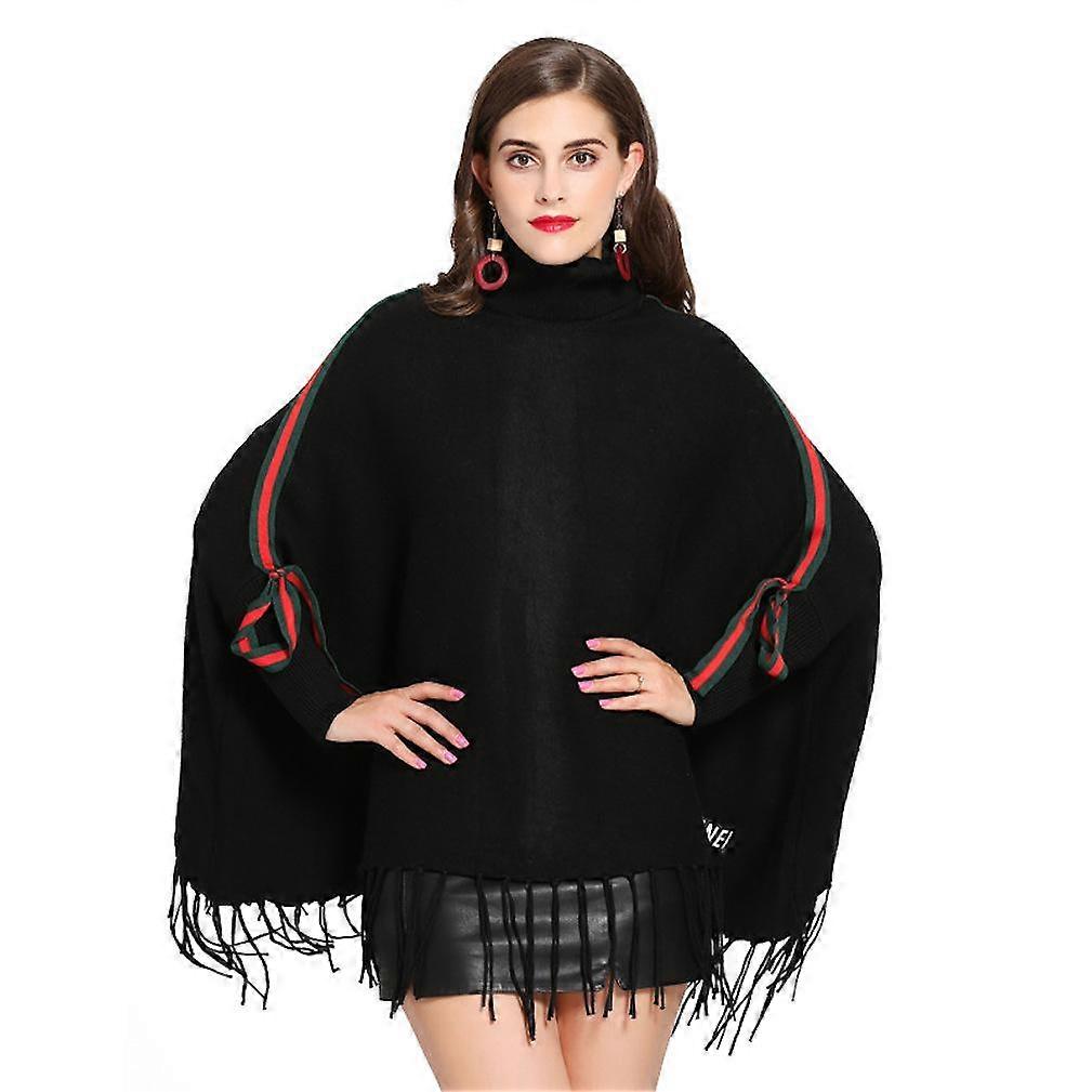 Loose Turtleneck Pullover Wrap Black Batwing Blouse with Tassel for Lady
