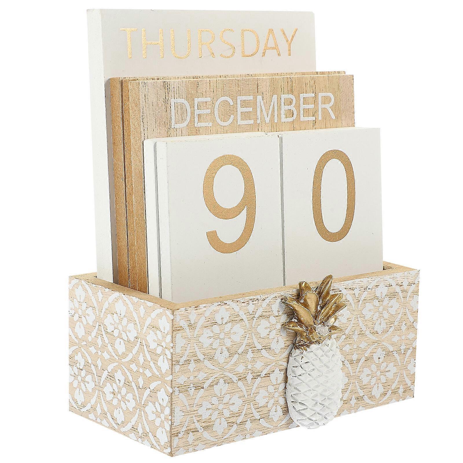 Perpetual Calendar Rustic Wooden Block Calendar for Home Office Desktop