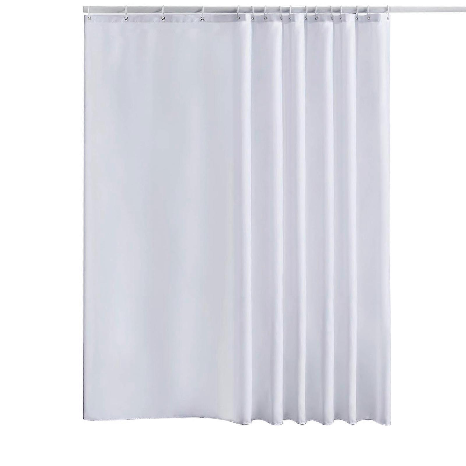 White Polyester Bathroom Curtain with Hooks, Mildew Resistant