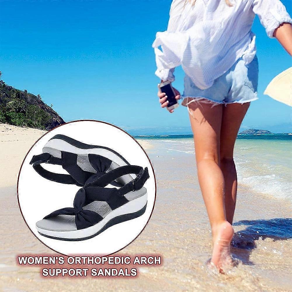 Womens Platform Sandals Bows Knit Open Toe Comfortable Strappy Beach Walking Sandals with Arch Support Summer