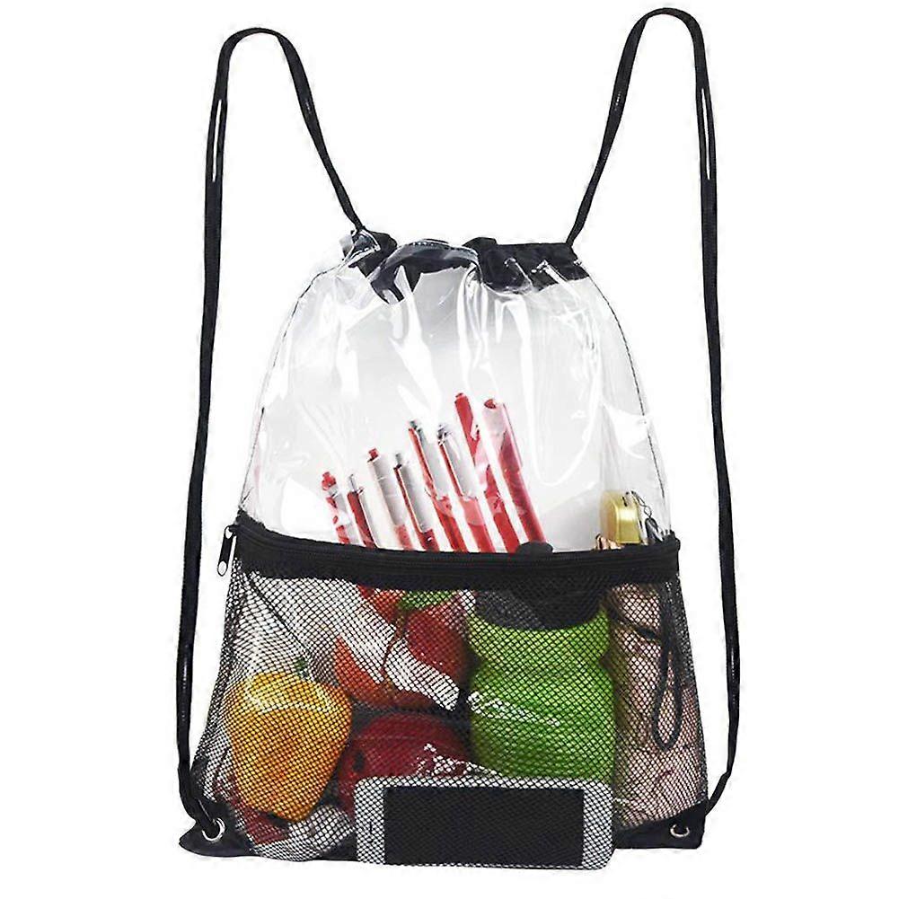 Portable Clear Drawstring Bag PVC Drawstring Backpack with Front Zipper Mesh Pocket