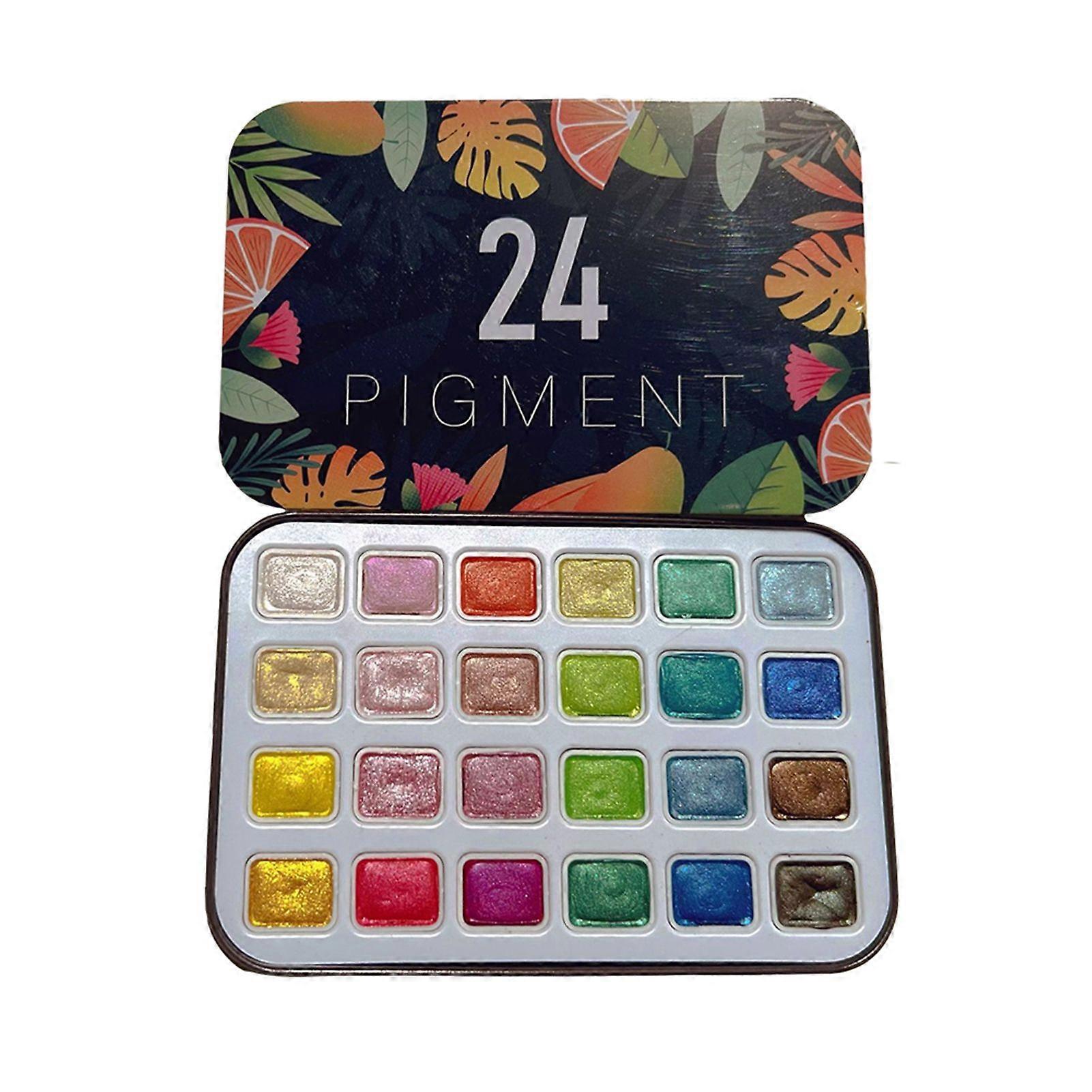 24 Colors Pearlescent Pigment Watercolors Set Shining Metallic Gouache Paint Portable Iron Palette