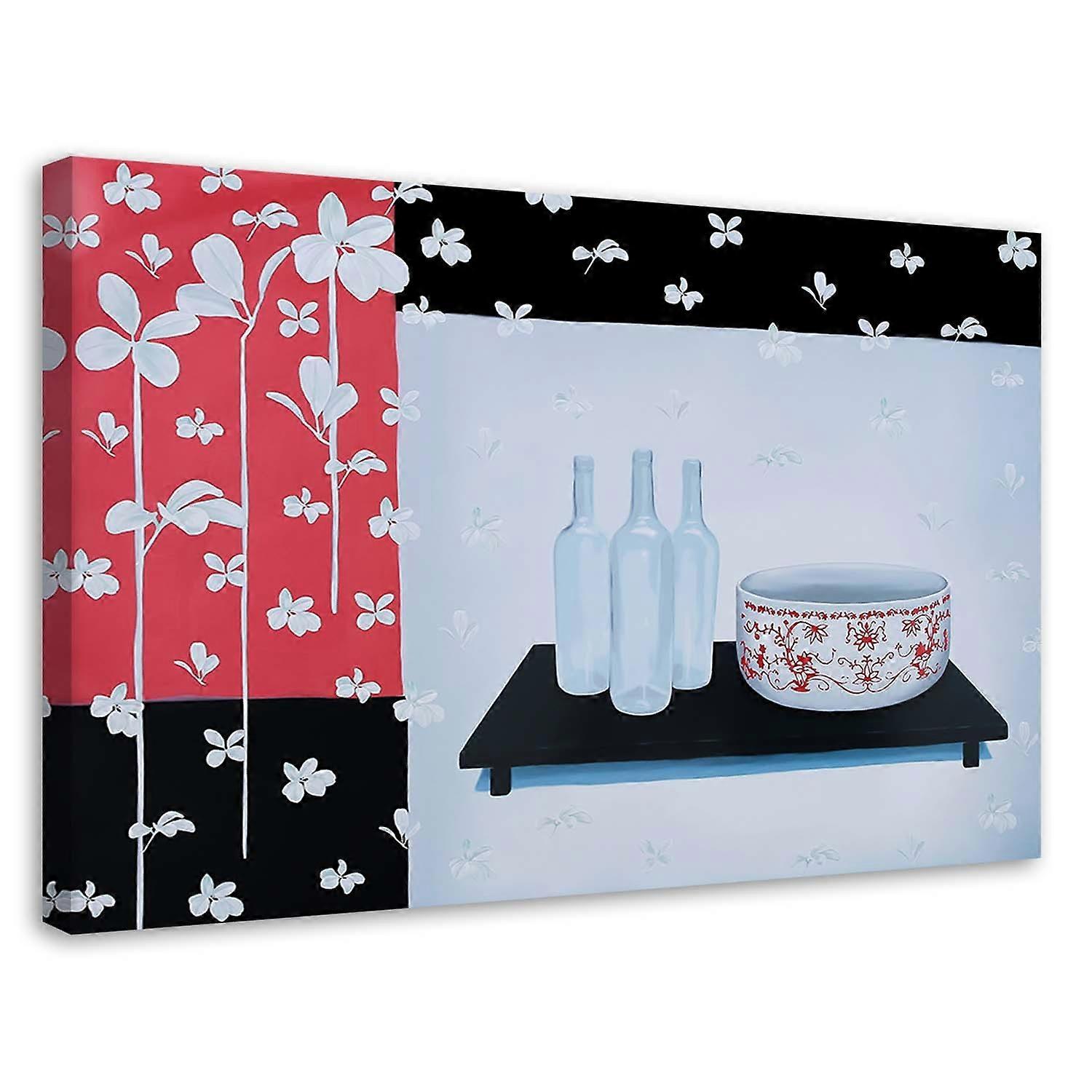 Leinwandbild, Glasflaschen und Schale - 60x40