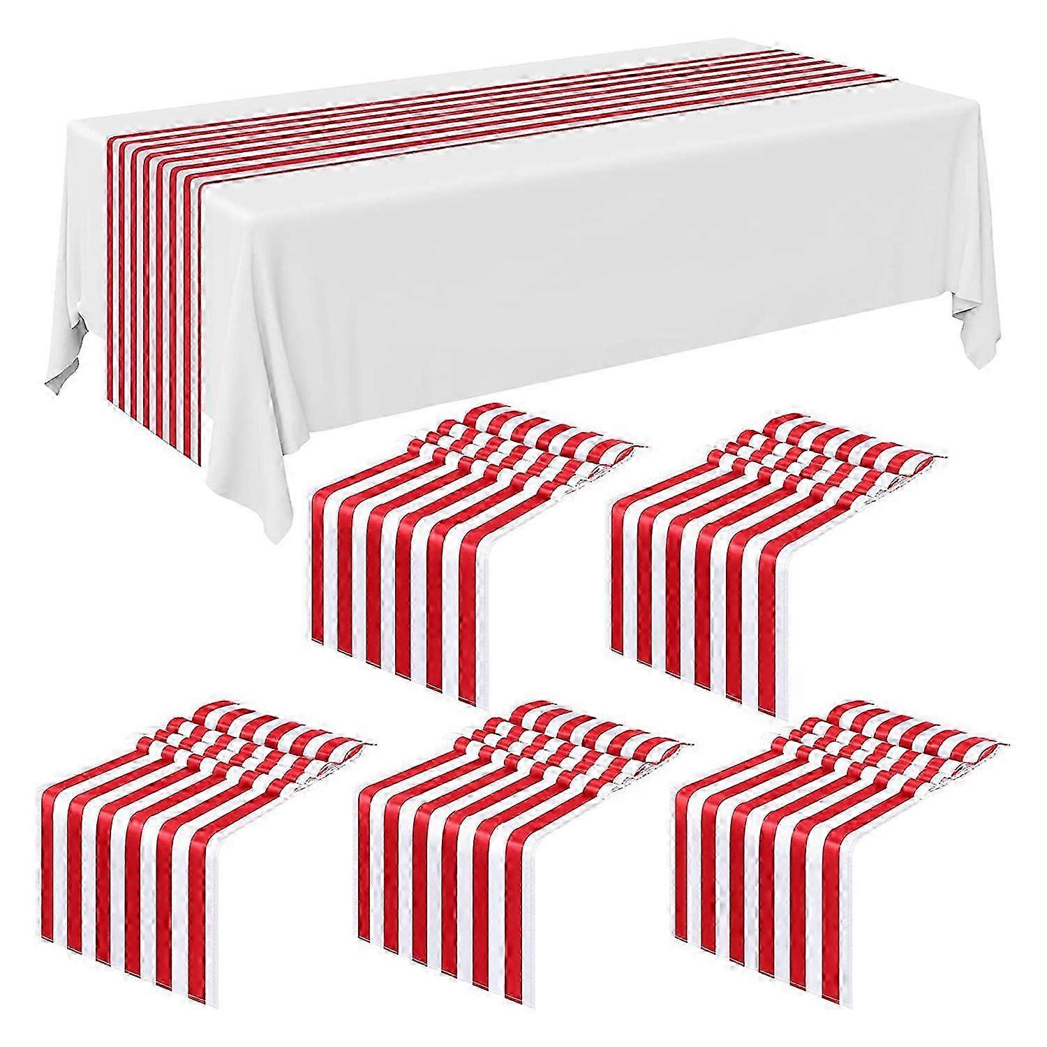 6 Pieces Striped Table Runner Wedding Polyester Table Decor Red White Striped Design Tablecloth Dec
